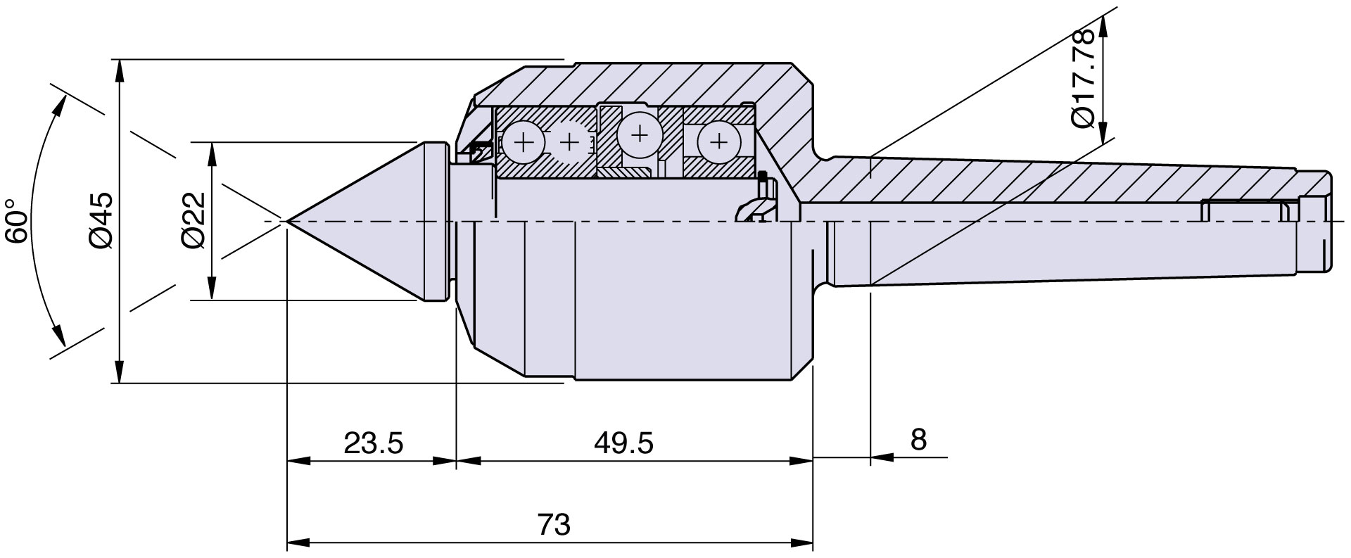 Körnerspitze Typ <strong>CN2/S </strong>(Standard) für Morsekegel 2